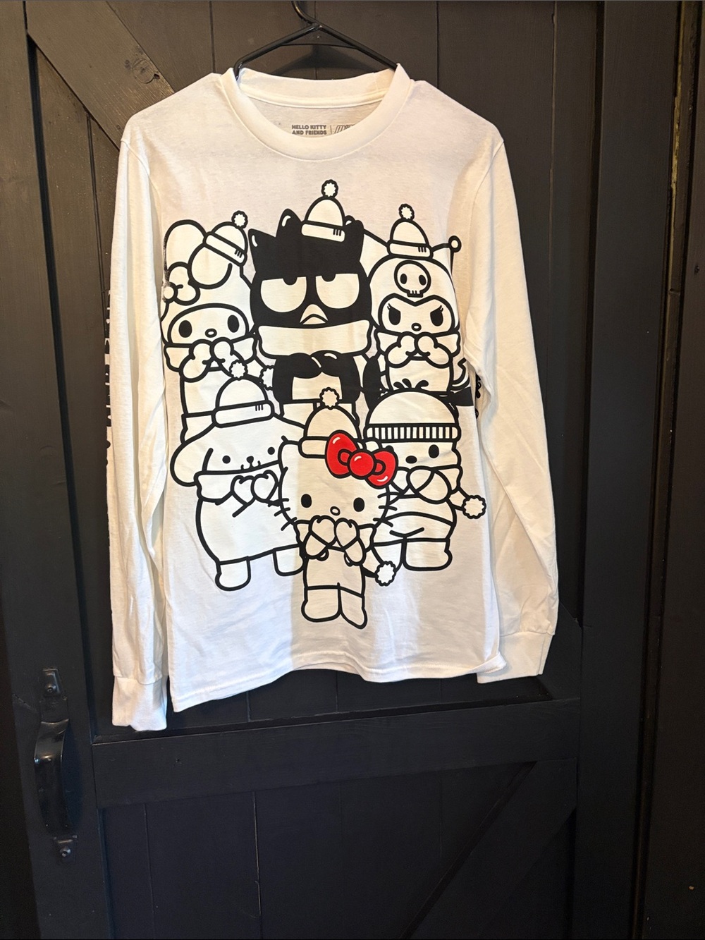 Hello Kitty White Long-Sleeve Tee with Black Character Outline and Red Bow